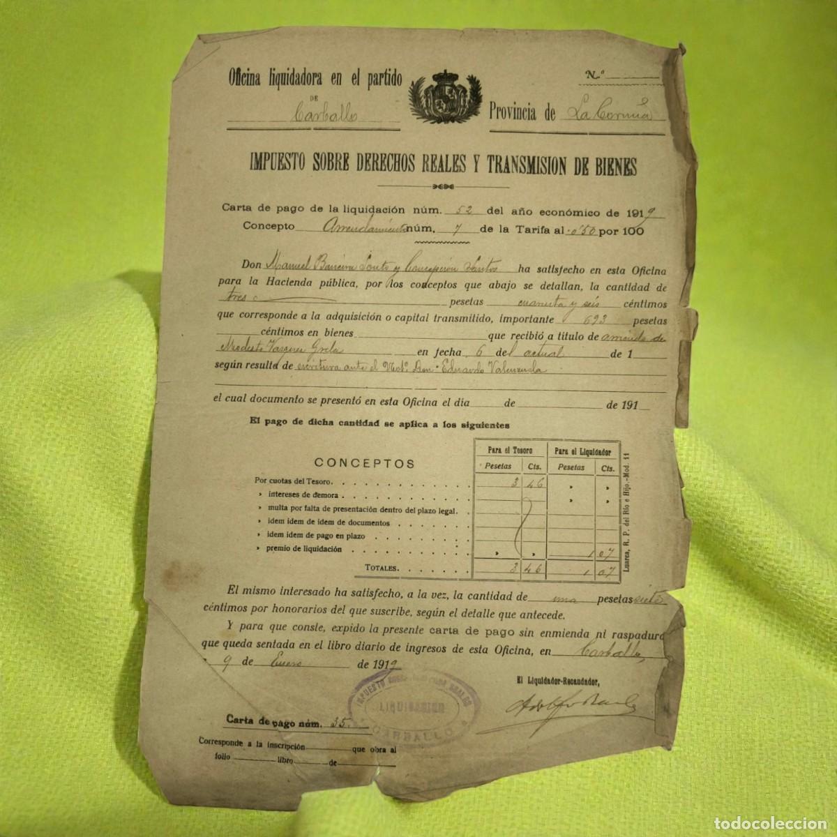 Documentos antiguos: Documento Fiscal Antiguo A&ntilde;o 1919 &ndash; Impuesto Sobre Derechos Reales Y Transmisi&oacute;n De Bienes