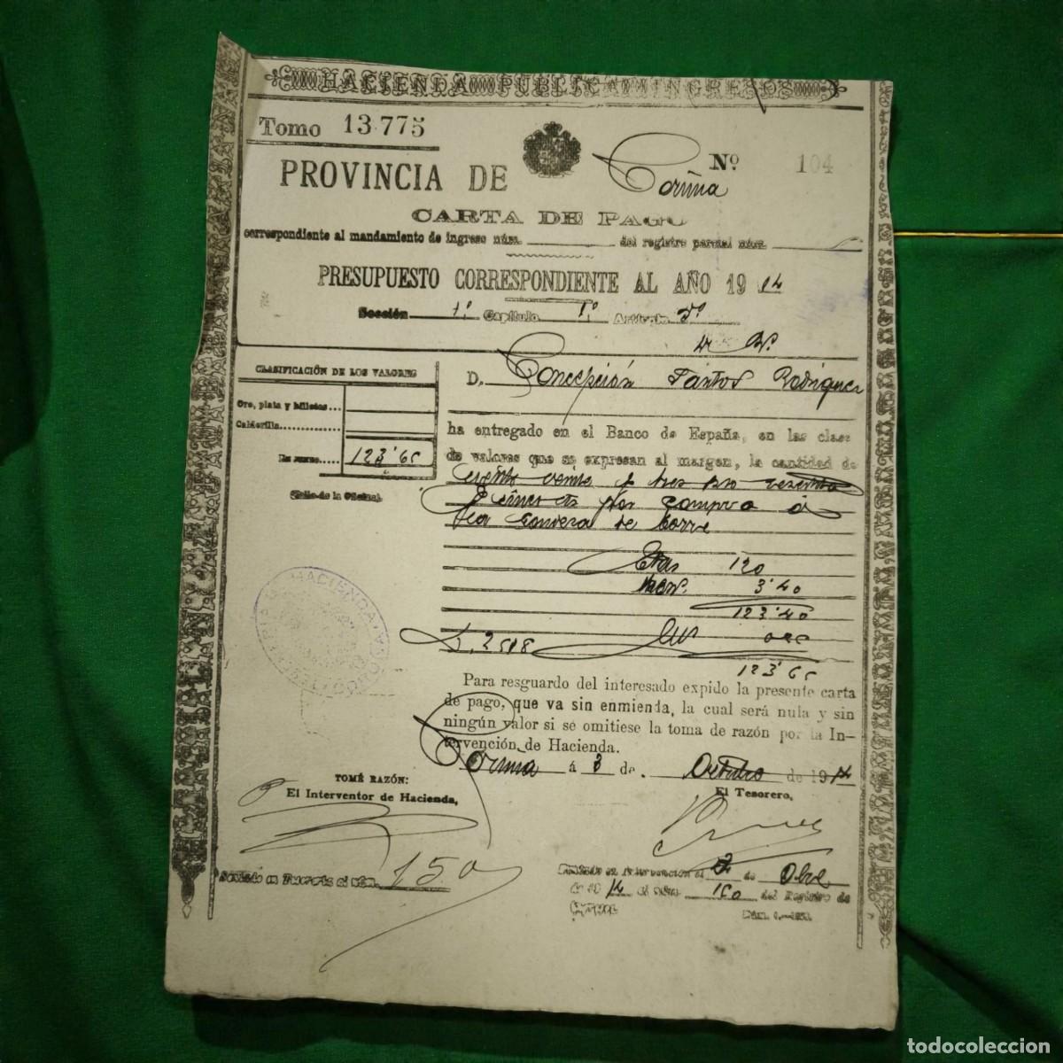 Documentos antiguos: Documento Fiscal Antiguo A&ntilde;o 1914 &ndash; Carta De Pago De Hacienda Provincia De Coru&ntilde;a