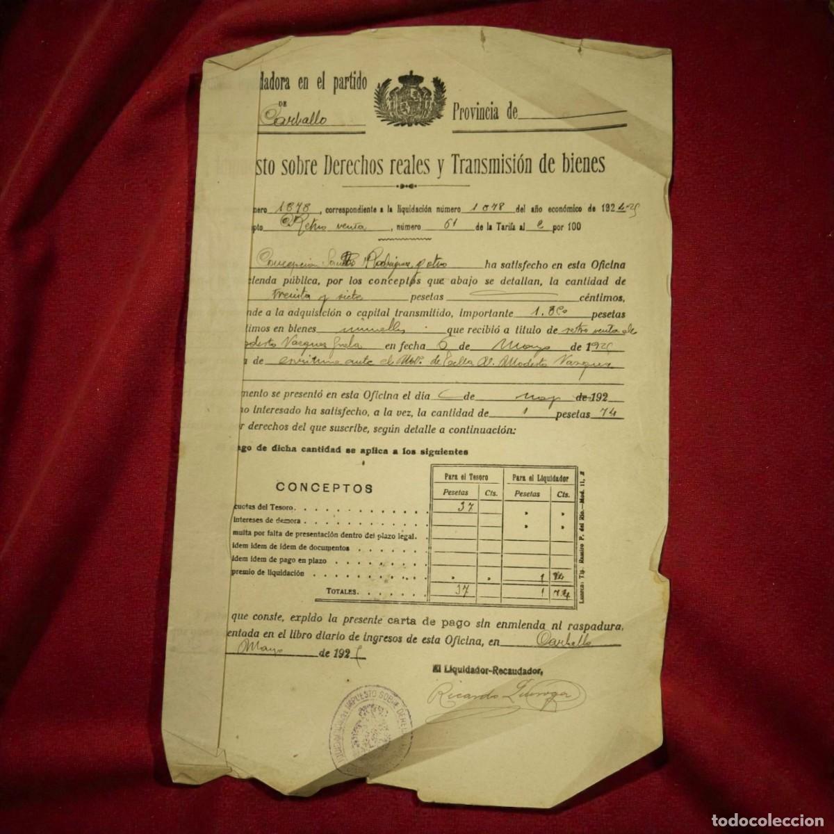 Documentos antiguos: Documento Fiscal Antiguo A&ntilde;o 1921 &ndash; Impuesto Sobre Derechos Reales Y Transmisi&oacute;n De Bienes