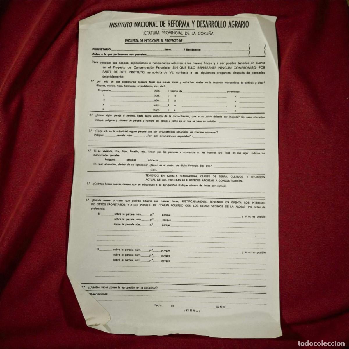 Documentos antiguos: Documento Oficial Instituto Nacional De Reforma Y Desarrollo Agrario &ndash; Encuesta Agraria A Coru&ntilde;a
