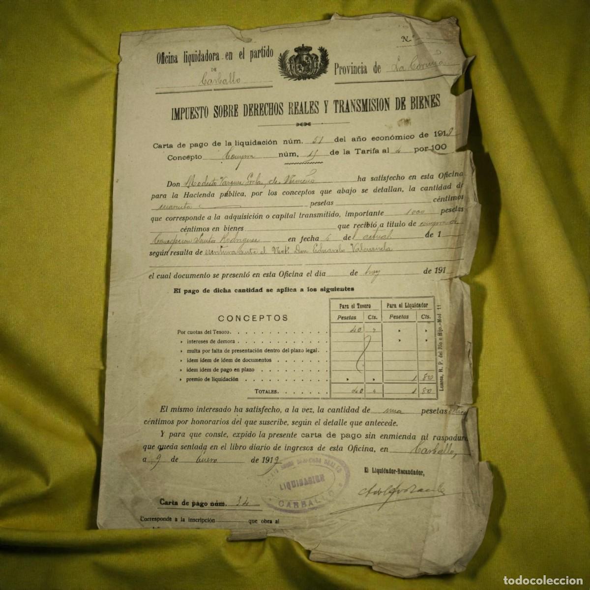 Documentos antiguos: Documento Fiscal Antiguo A&ntilde;o 1919 &ndash; Impuesto Sobre Derechos Reales Y Transmisi&oacute;n De Bienes