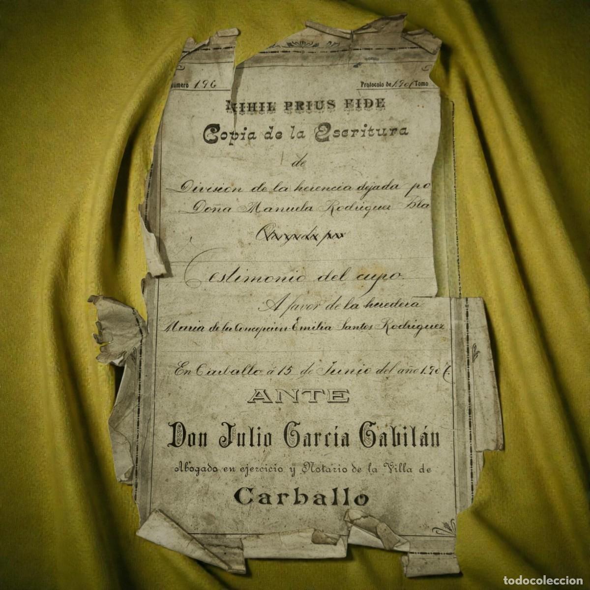 Documentos antiguos: Portada Documento Notarial Antiguo A&ntilde;o 1919 &ndash; Copia De Escritura De Herencia Carballo