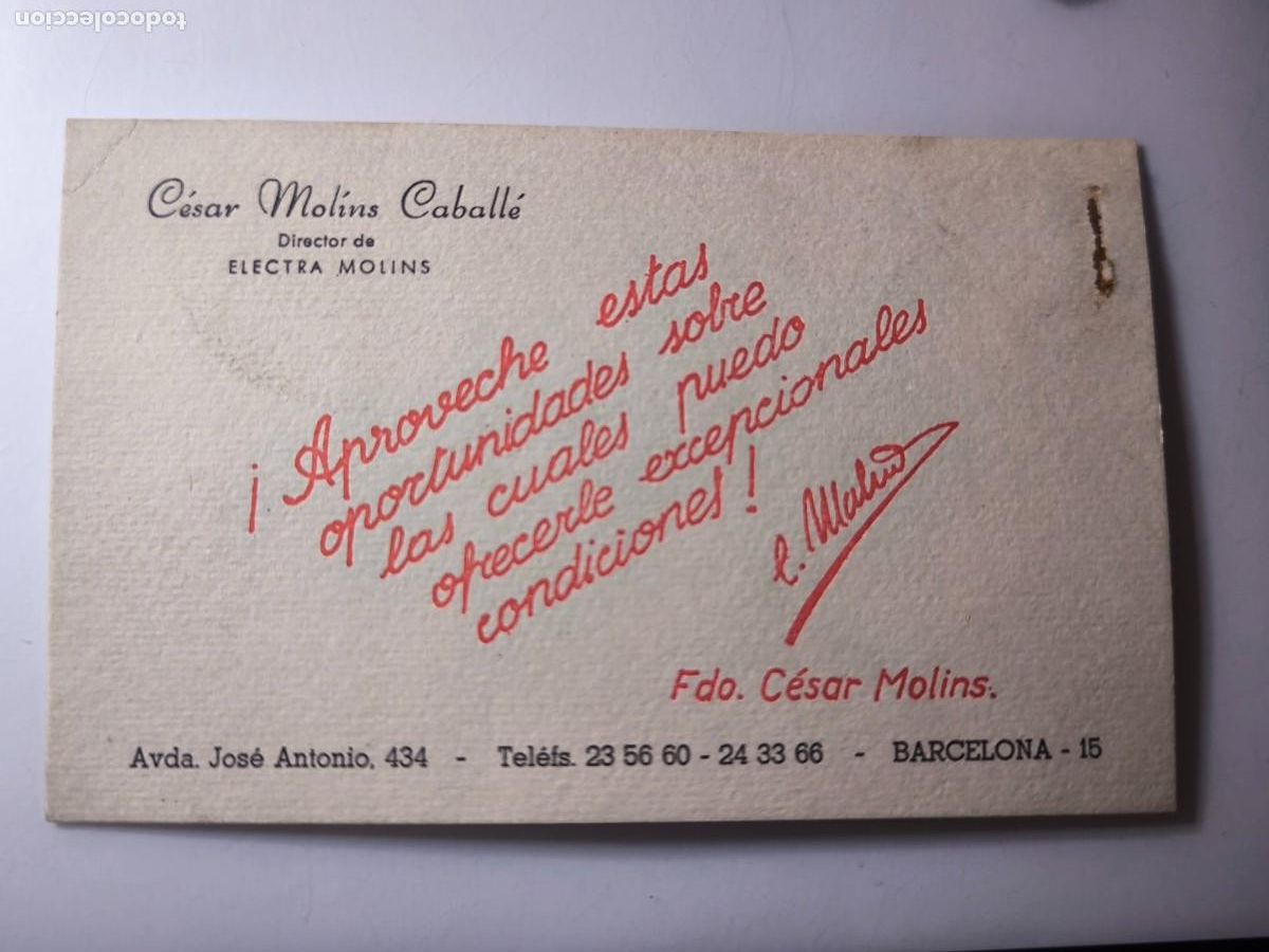 Documentos antiguos: Antigua tarjeta de Visita o Comercial. Electra Molins. Barcelona