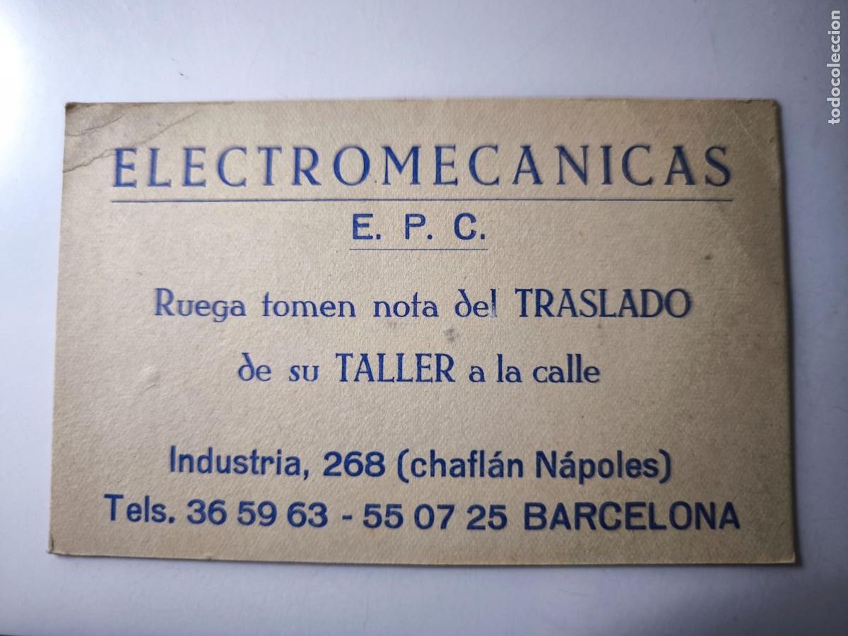 Documentos antiguos: Antigua tarjeta de Visita o Comercial. Electromec&aacute;nicas E. P. C. Barcelona.