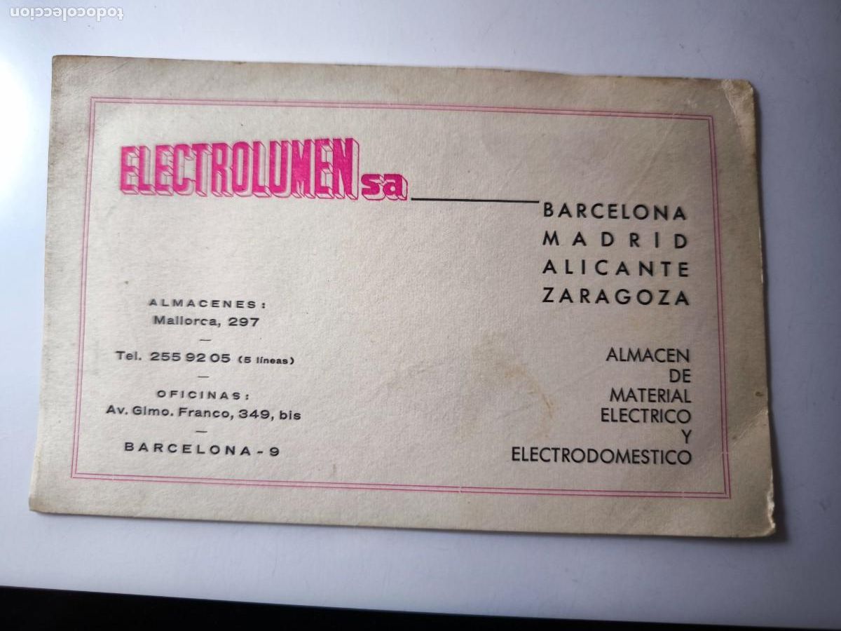 Documentos antiguos: Antigua tarjeta de Visita o Comercial. Electrolumen. Barcelona.