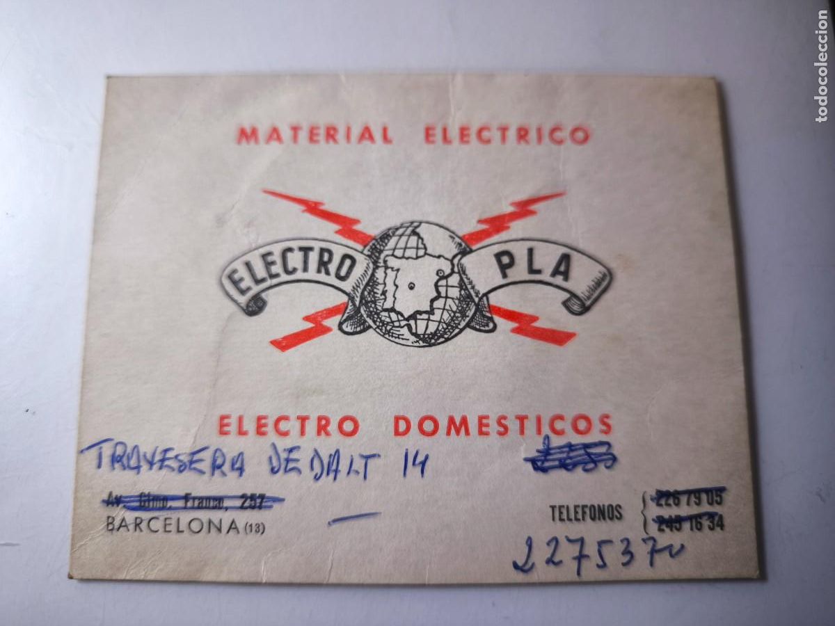 Documentos antiguos: Antigua tarjeta de Visita o Comercial. Material el&eacute;ctrico electro pla. Barcelona.
