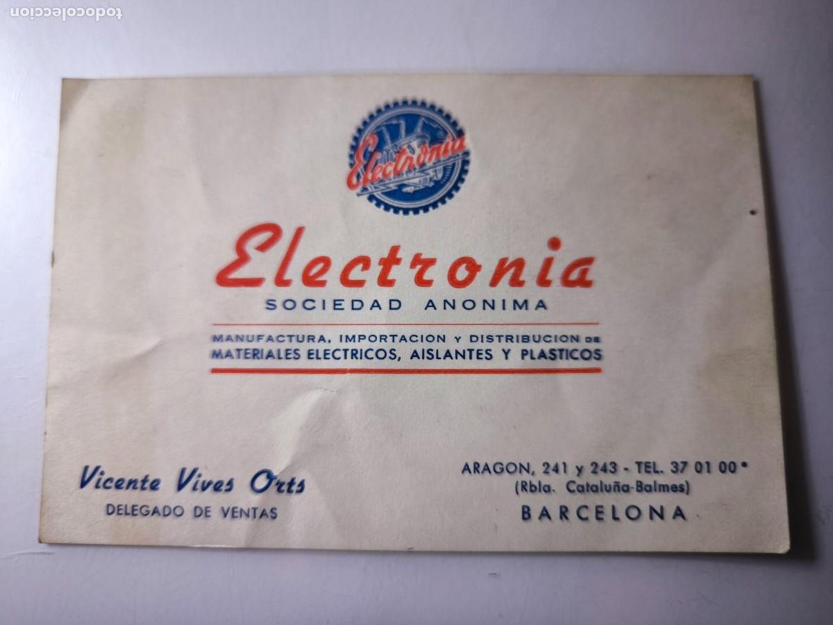 Documentos antiguos: Antigua tarjeta de Visita o Comercial. Materiales el&eacute;ctricos Electronia. Barcelona.