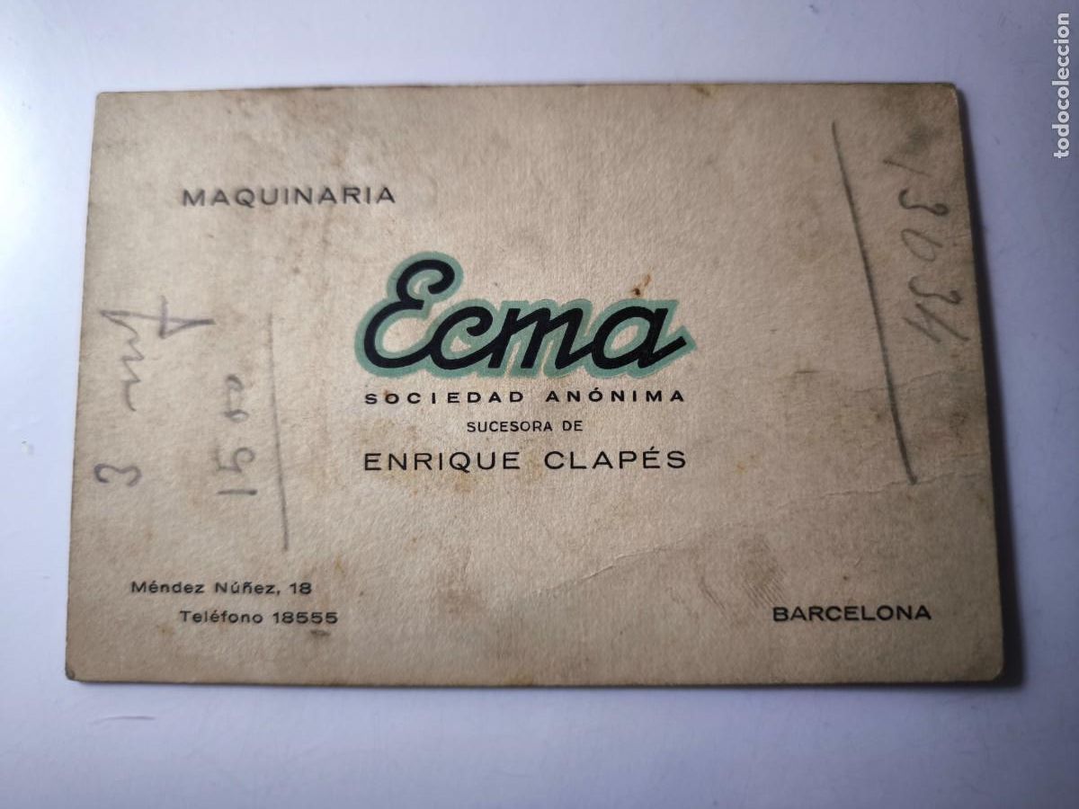 Documentos antiguos: Antigua tarjeta de Visita o Comercial. Maquinaria ECMA. Barcelona.