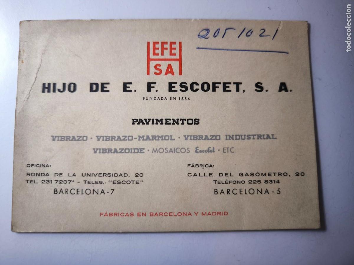 Documentos antiguos: Antigua tarjeta de Visita o Comercial. Hijo de escofet. Pavimentos. Barcelona.