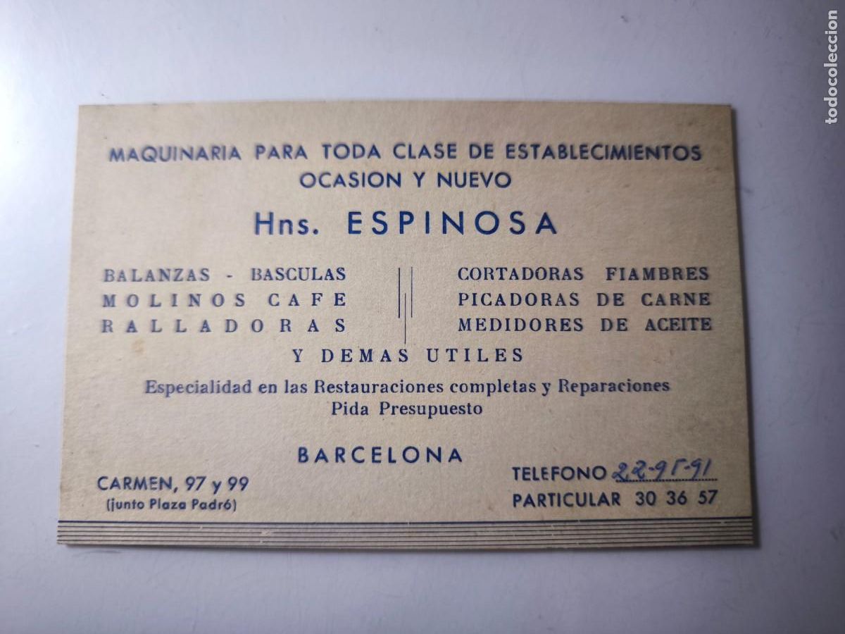 Documentos antiguos: Antigua tarjeta de Visita o Comercial. Maquinaria para establecimientos hermanos Espinos. Barcelona.
