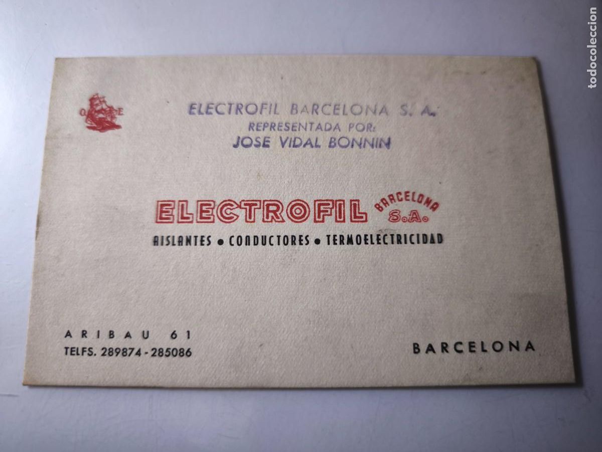 Documentos antiguos: Antigua tarjeta de Visita o Comercial. Electrofil. Aislantes conductores. Barcelona.