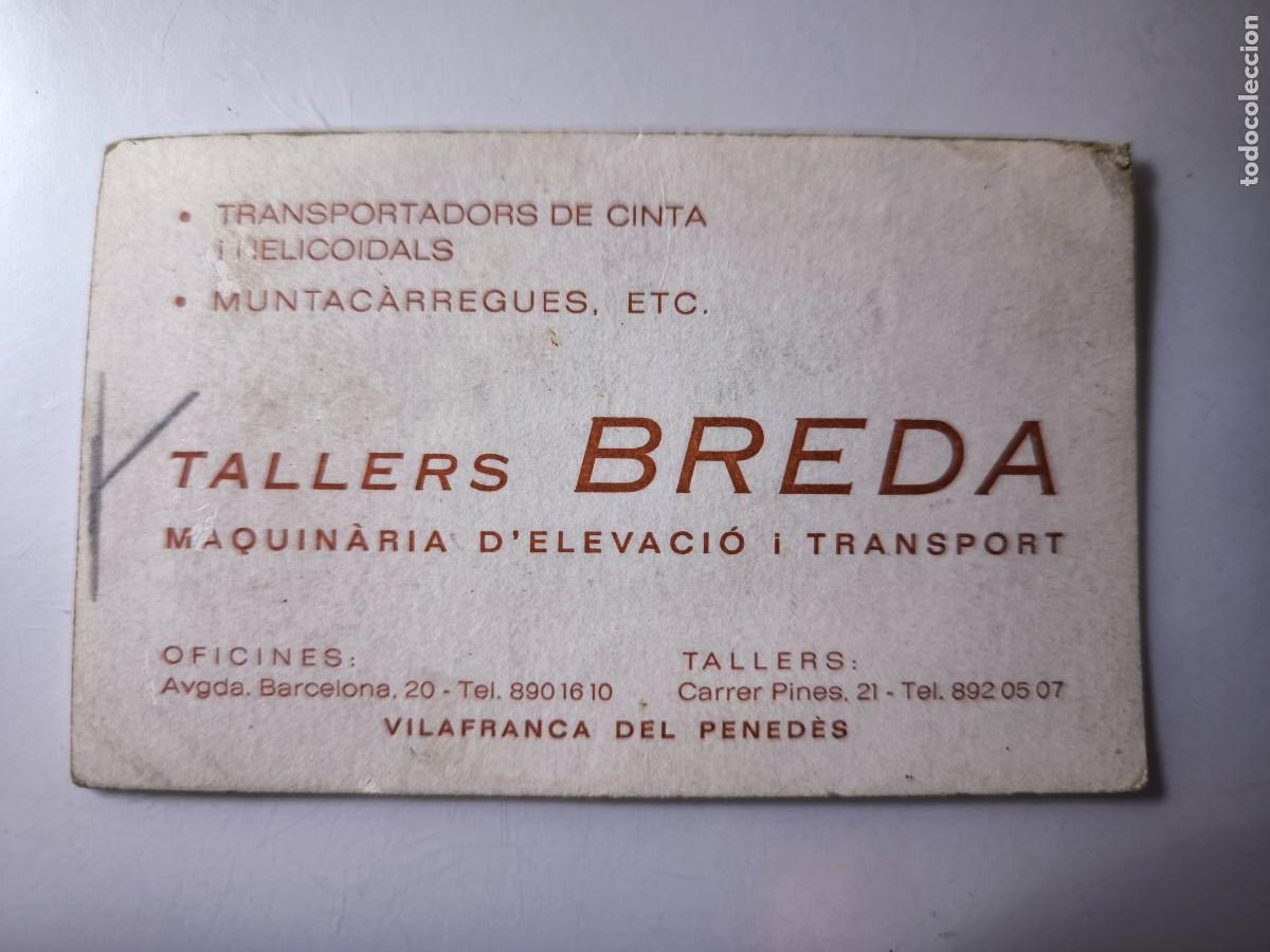 Documents Anciens: Antigua tarjeta de Visita o Comercial. Talleres Breda. Villafranca del Penedes. Barcelona.