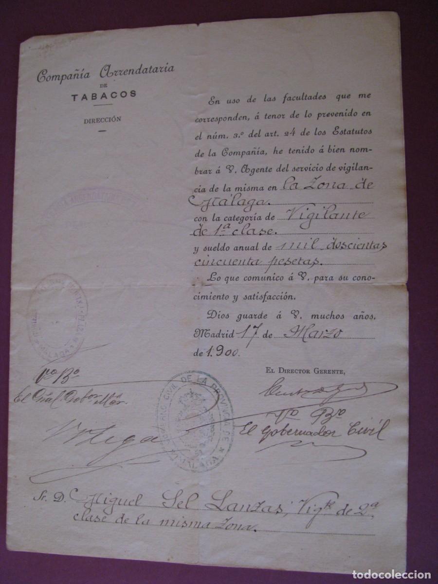 Documentos antiguos: COMPA&Ntilde;IA ARRENDATARIA DE TABACOS. NOMBRAMIENTO DE VIGILANTE. ZONA DE MALAGA. A&Ntilde;O 1900.