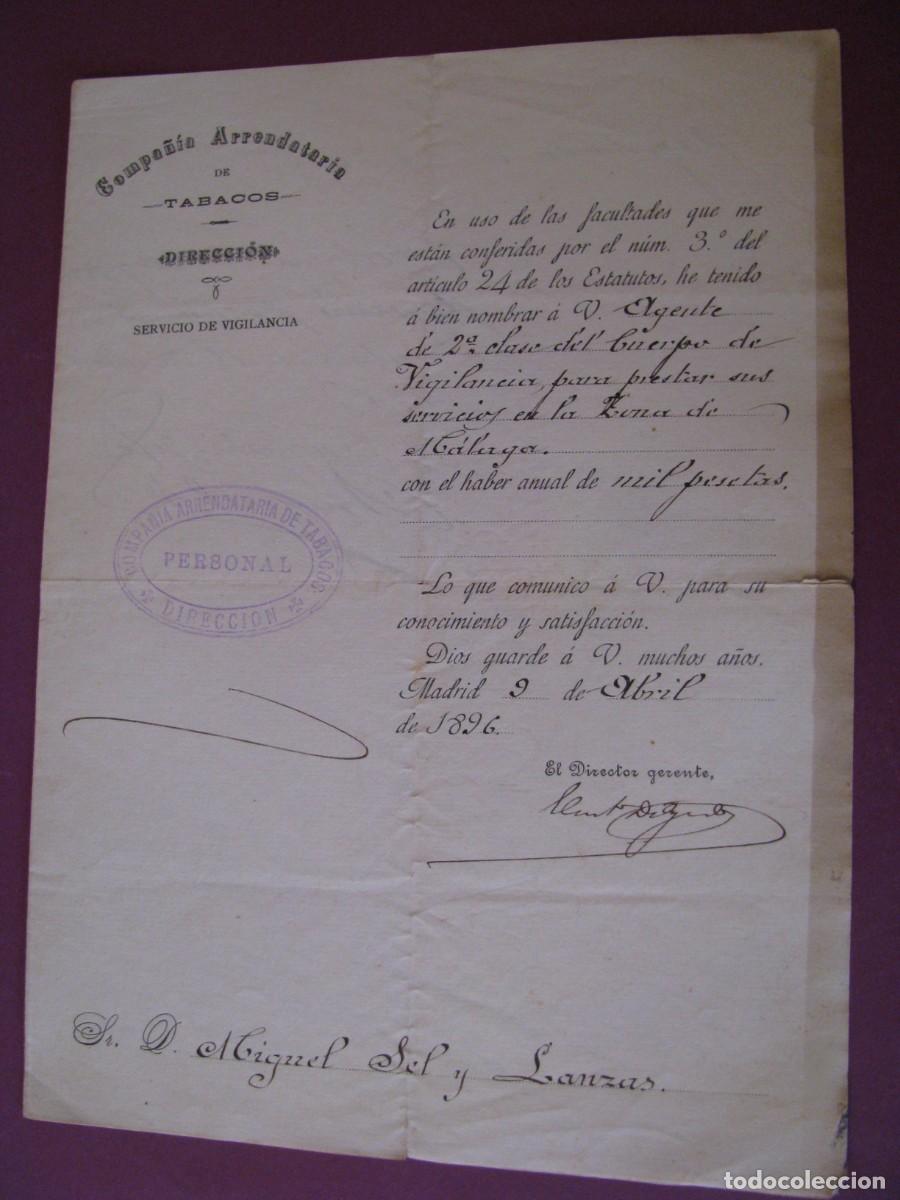 Documentos antiguos: COMPA&Ntilde;IA ARRENDATARIA DE TABACOS. NOMBRAMIENTO DE VIGILANTE. ZONA DE MALAGA. A&Ntilde;O 1896