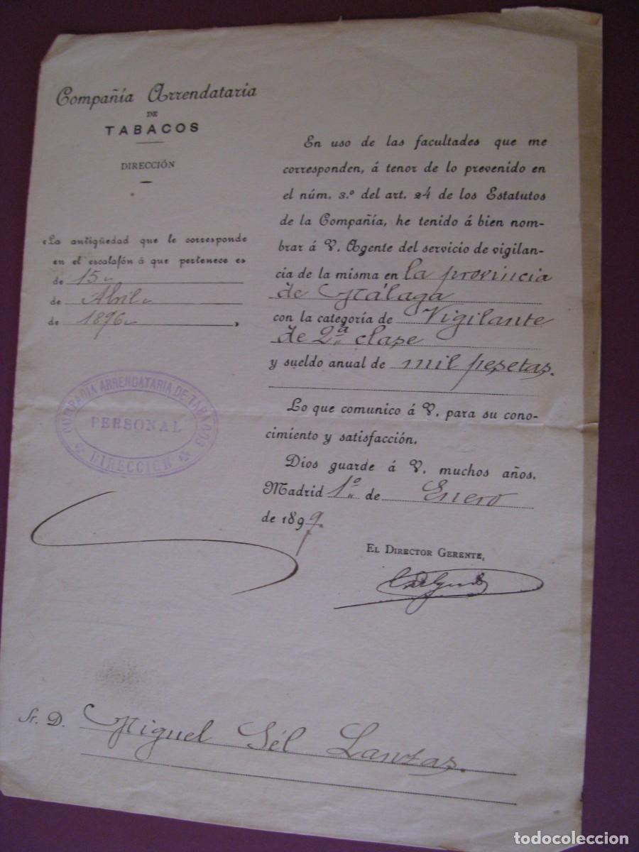 Documentos antiguos: COMPA&Ntilde;IA ARRENDATARIA DE TABACOS. NOMBRAMIENTO DE VIGILANTE. ZONA DE MALAGA. A&Ntilde;O 1899