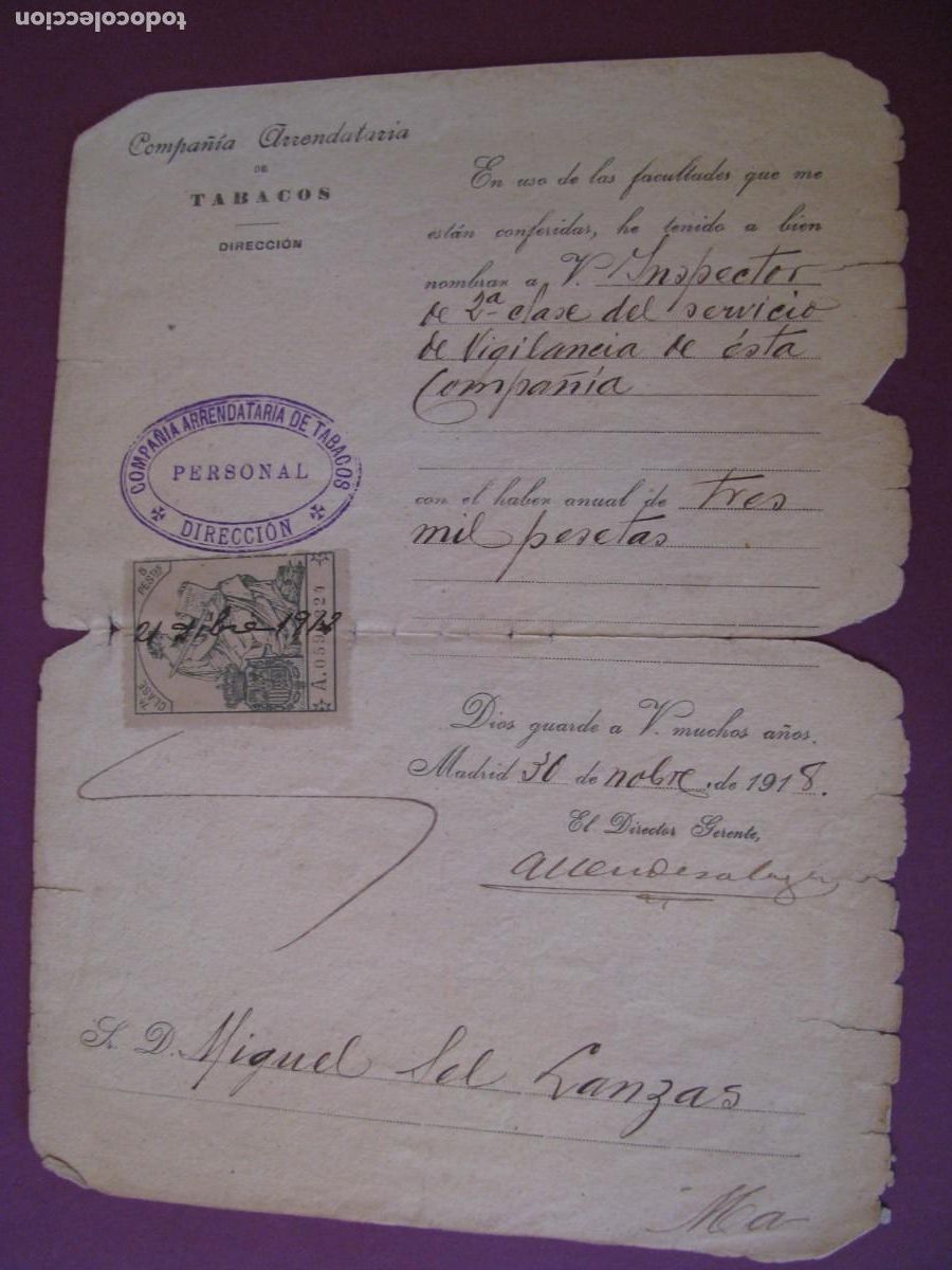 Documentos antiguos: COMPA&Ntilde;IA ARRENDATARIA DE TABACOS. NOMBRAMIENTO DE VIGILANTE. ZONA DE MALAGA. A&Ntilde;O 1918
