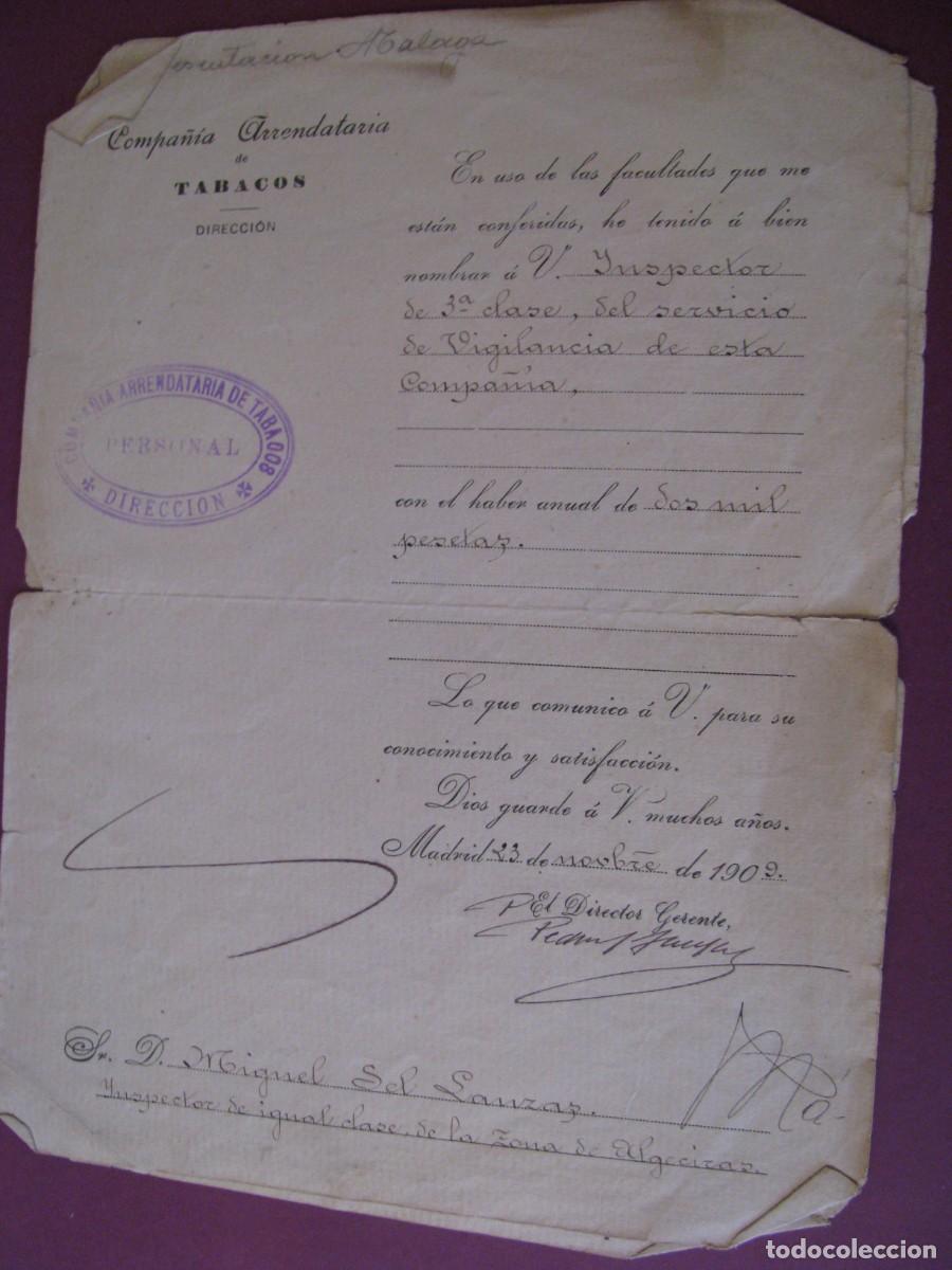 Documentos antiguos: COMPA&Ntilde;IA ARRENDATARIA DE TABACOS. NOMBRAMIENTO DE VIGILANTE. ZONA DE MALAGA. A&Ntilde;O 1909
