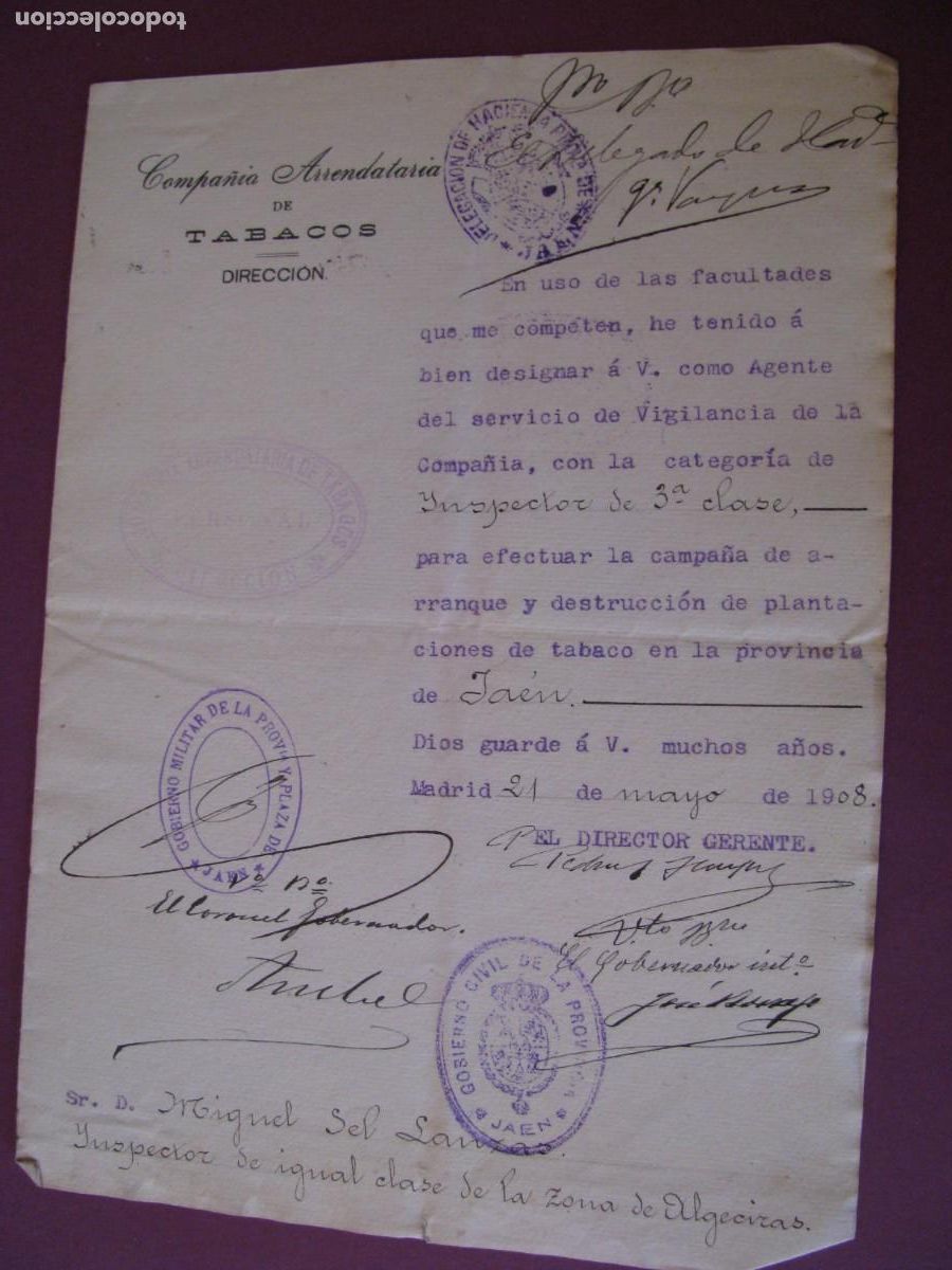 Documentos antiguos: COMPA&Ntilde;IA ARRENDATARIA DE TABACOS. NOMBRAMIENTO DE VIGILANTE. ZONA DE MALAGA. A&Ntilde;O 1908