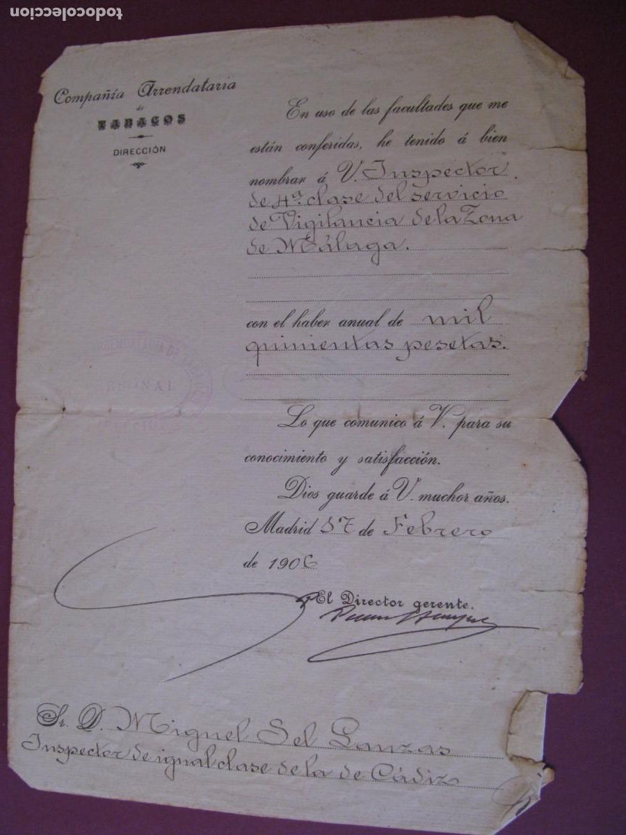 Documentos antiguos: COMPA&Ntilde;IA ARRENDATARIA DE TABACOS. NOMBRAMIENTO DE VIGILANTE. ZONA DE MALAGA. A&Ntilde;O 1906
