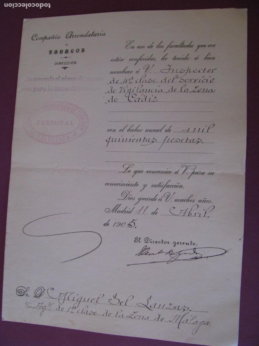 Documentos antiguos: COMPA&Ntilde;IA ARRENDATARIA DE TABACOS. NOMBRAMIENTO DE VIGILANTE. ZONA DE MALAGA. A&Ntilde;O 1905