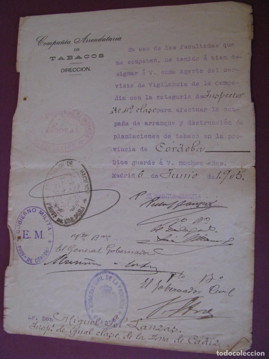 Documentos antiguos: COMPA&Ntilde;IA ARRENDATARIA DE TABACOS. NOMBRAMIENTO DE VIGILANTE. ZONA DE CORDOBA. A&Ntilde;O 1905