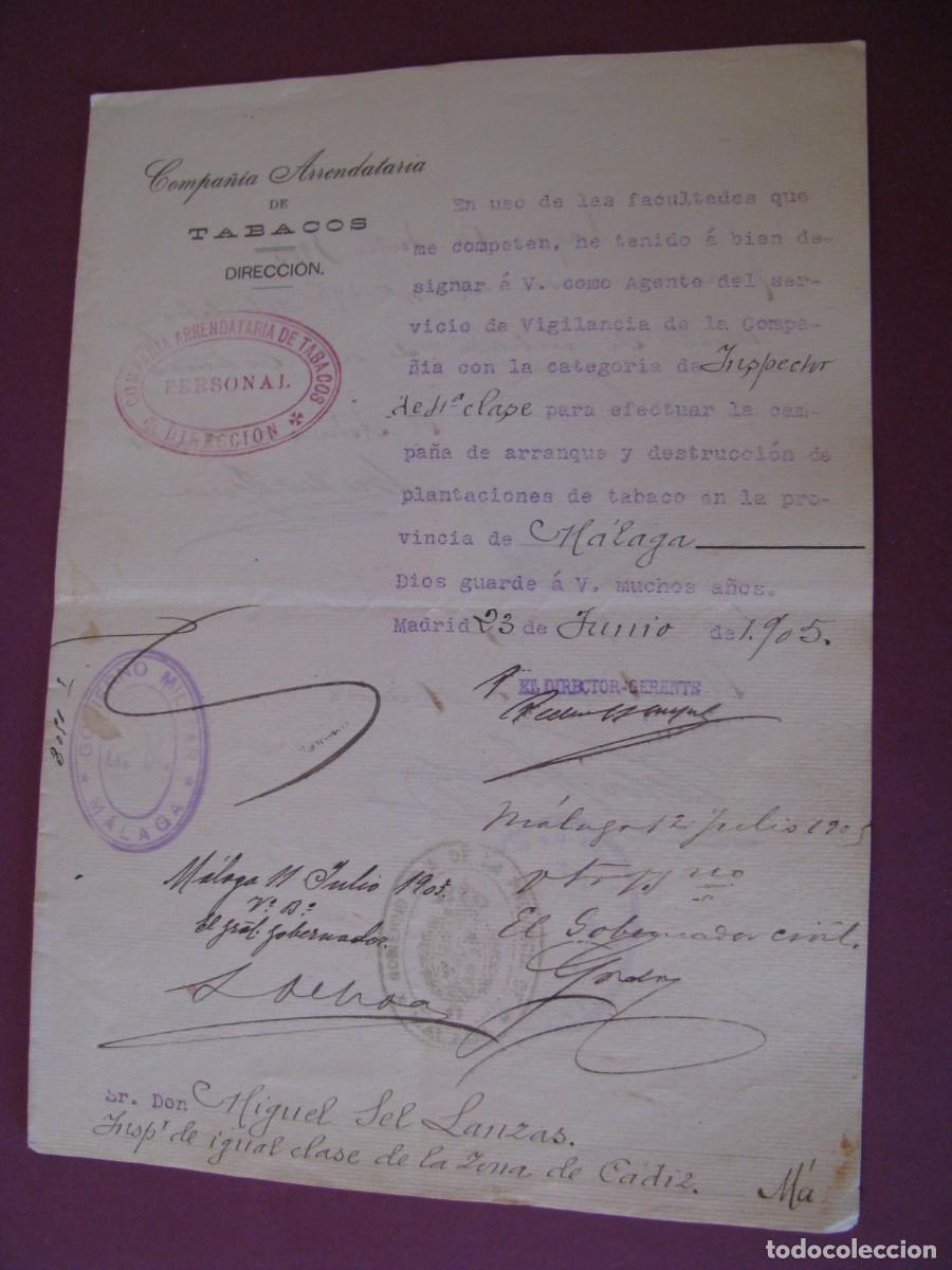 Documentos antiguos: COMPA&Ntilde;IA ARRENDATARIA DE TABACOS. NOMBRAMIENTO DE VIGILANTE. ZONA DE MALAGA. A&Ntilde;O 1905
