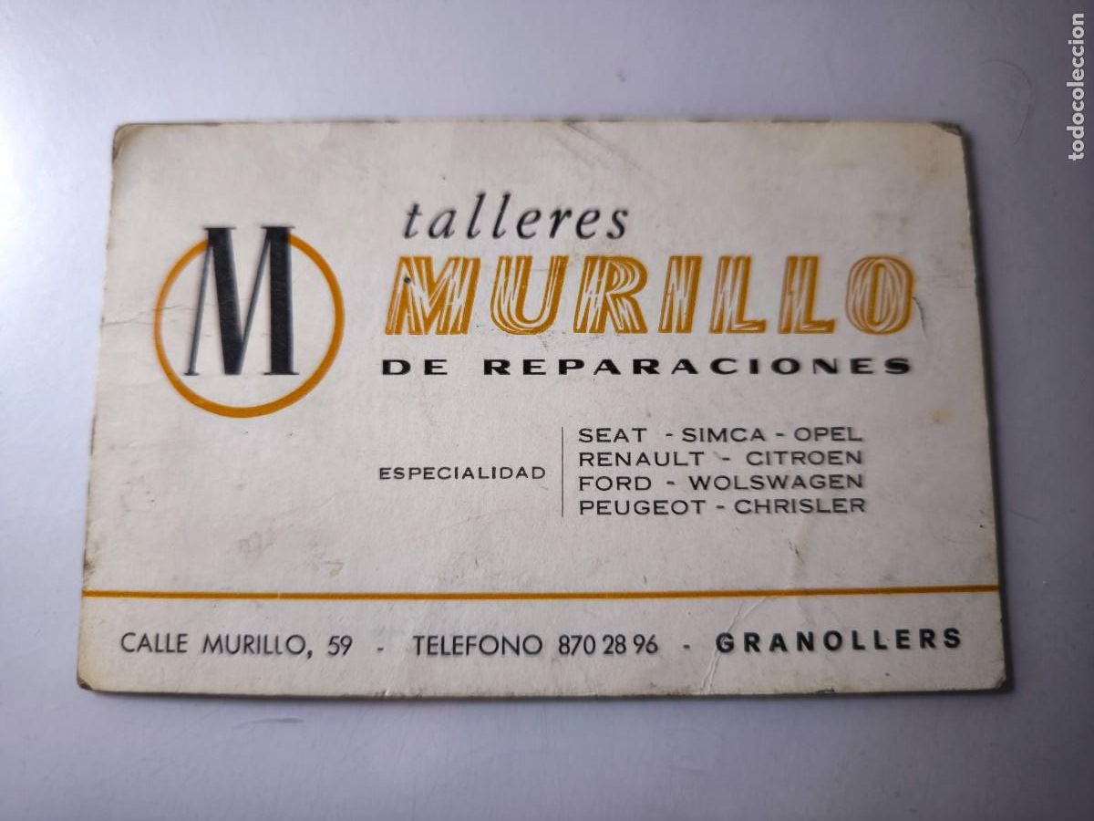Documentos antiguos: Antigua tarjeta de Visita o Comercial. Talleres Murillo. Granollers. Barcelona.