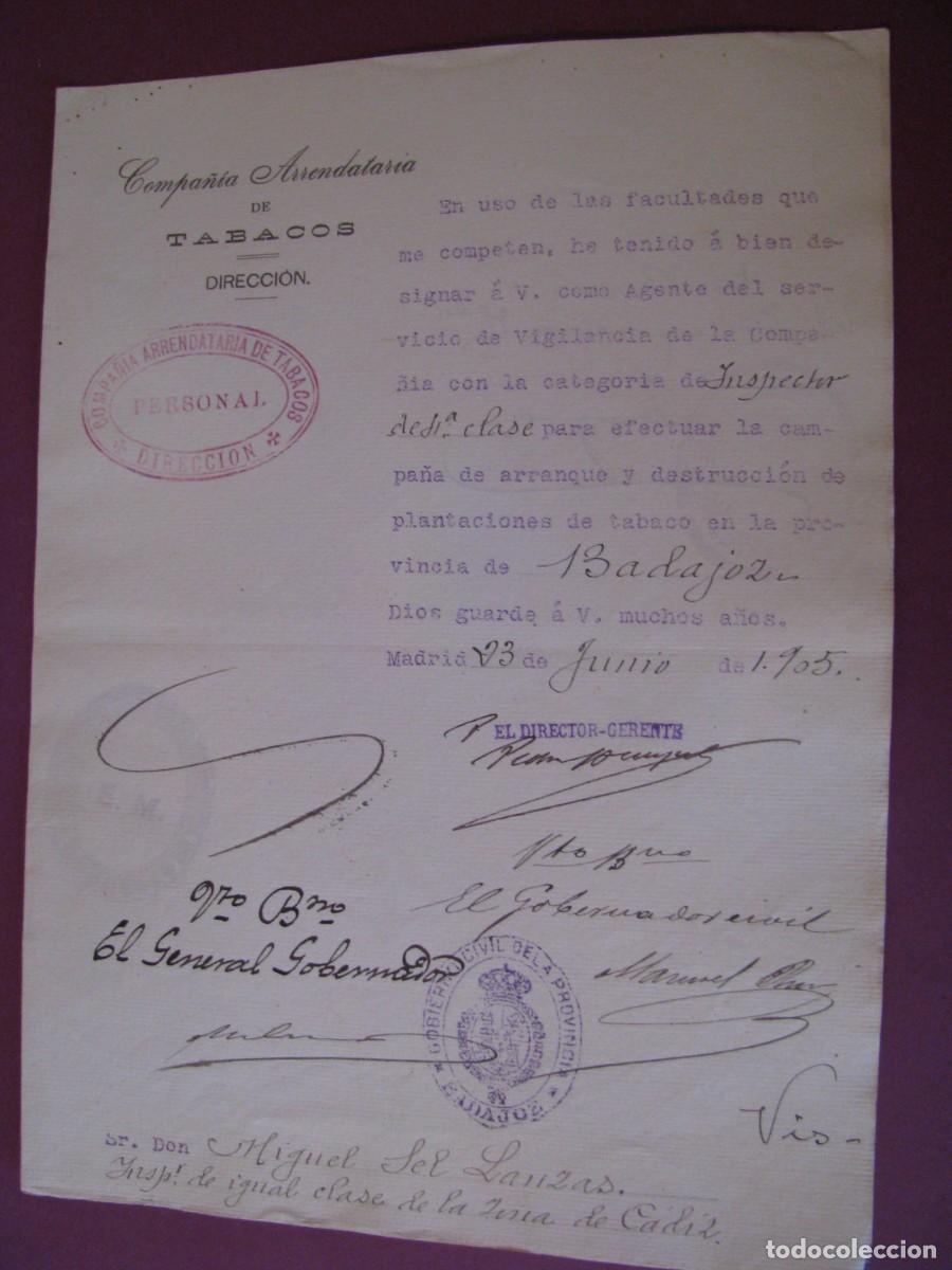 Documentos antiguos: COMPA&Ntilde;IA ARRENDATARIA DE TABACOS. NOMBRAMIENTO DE VIGILANTE. PROVINCIA DE MALAGA. A&Ntilde;O 1905