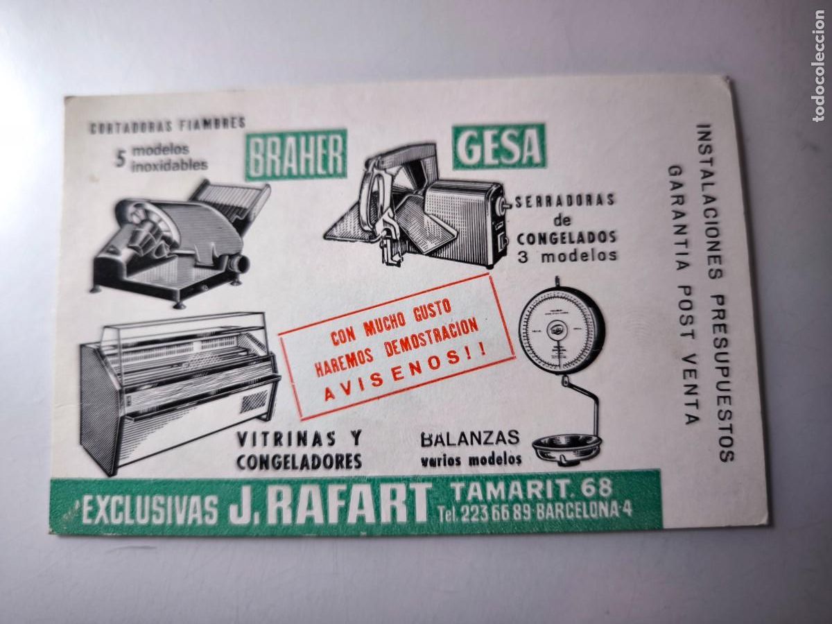 Documentos antiguos: Antigua tarjeta de Visita o Comercial. Braher. Exclusivas J. Rafart. Barcelona.
