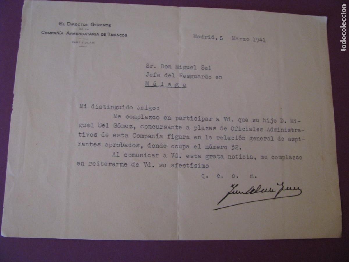 Documentos antiguos: CARTA ENVIADA DESDE COMPA&Ntilde;IA ARRENDATARIA DE TABACOS. 5 MARZO 1941