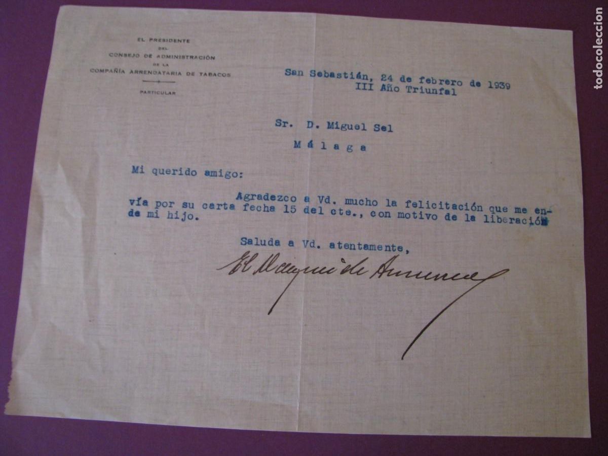 Documentos antiguos: CARTA ENVIADA DESDE COMPA&Ntilde;IA ARRENDATARIA DE TABACOS. 24 FEBRERO 1939.