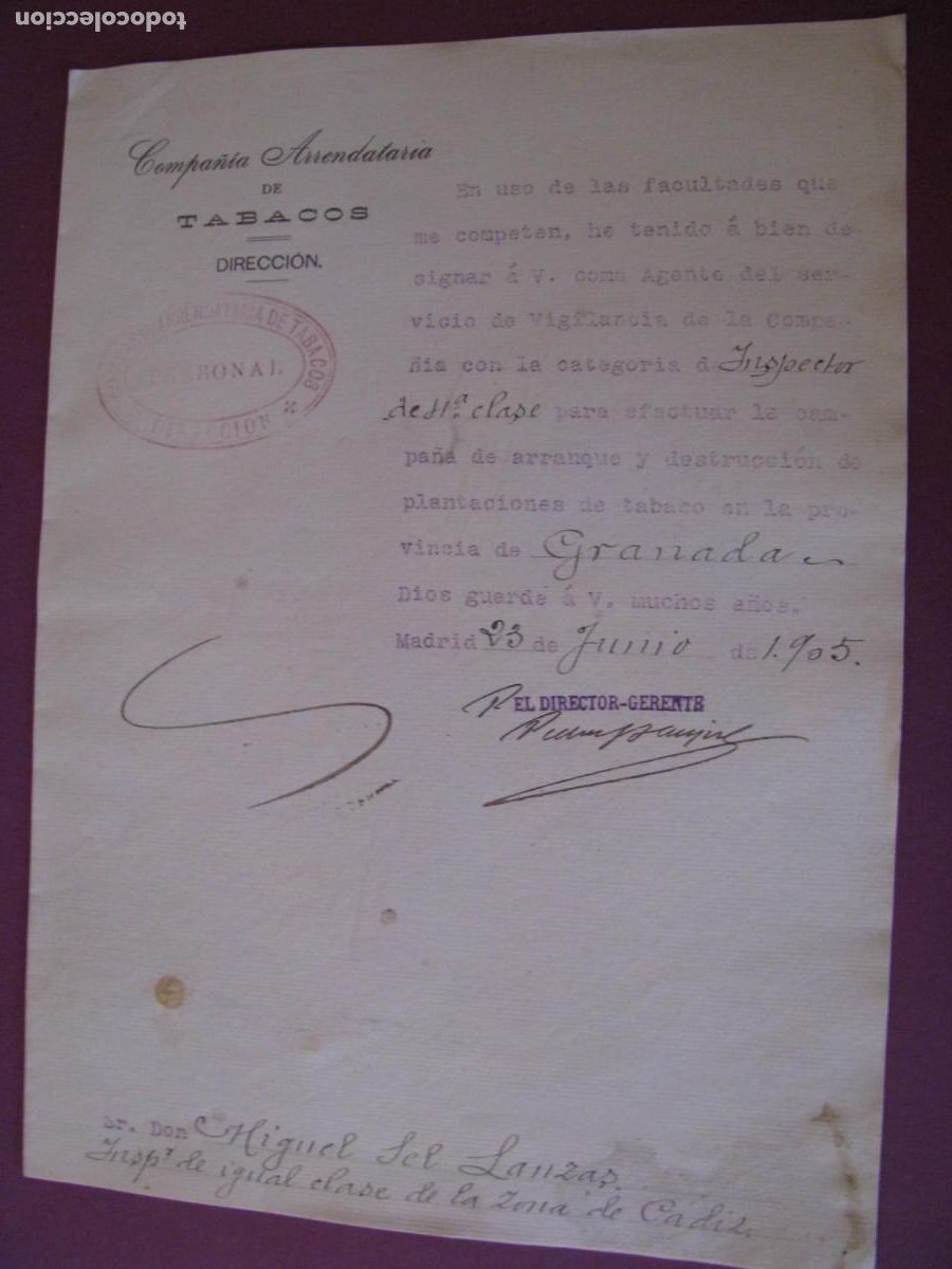 Documentos antiguos: COMPA&Ntilde;IA ARRENDATARIA DE TABACOS. NOMBRAMIENTO DE VIGILANTE. PROVINCIA DE GRANADA. A&Ntilde;O 1905