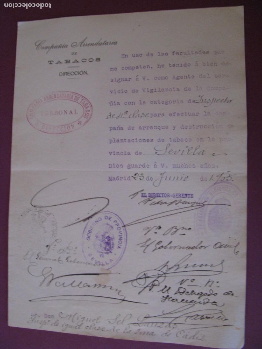 Documentos antiguos: COMPA&Ntilde;IA ARRENDATARIA DE TABACOS. NOMBRAMIENTO DE VIGILANTE. PROVINCIA DE SEVILLA. A&Ntilde;O 1905
