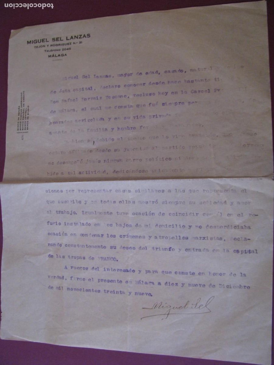Documentos antiguos: CARTA ESCRITA, MOSTRANDO SU LEALTAD POLITICA DURANTE LA GUERRA CIVIL. 1939
