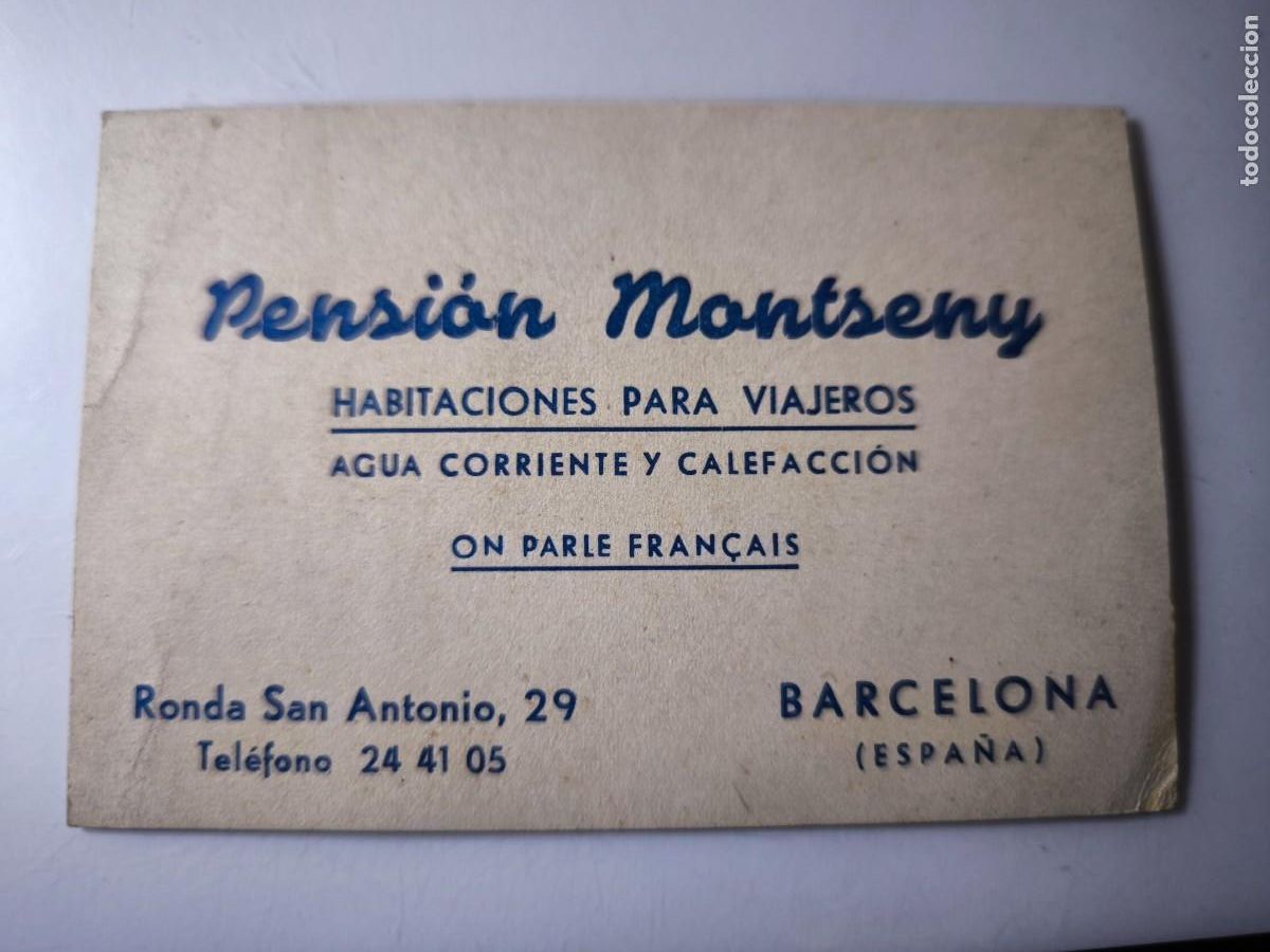 Documentos antiguos: Antigua tarjeta de Visita o Comercial. Pensi&oacute;n Montseny. Barcelona.