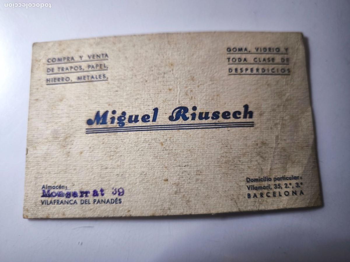Documentos antiguos: Antigua tarjeta de Visita o Comercial. Miguel Riusech. Vilafranca del panad&eacute;s Barcelona