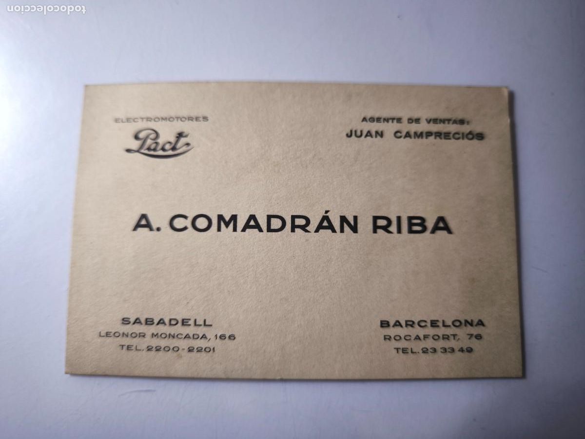 Documentos antiguos: Antigua tarjeta de Visita o Comercial. Electromotores A. Comadr&aacute;n Riba. Barcelona