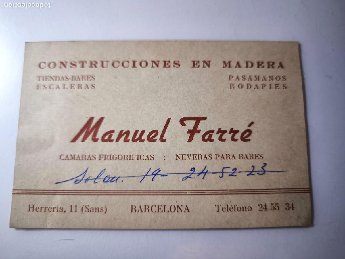 Documentos antiguos: Antigua tarjeta de Visita o Comercial. Construcciones en madera Manuel Farr&eacute;. Barcelona