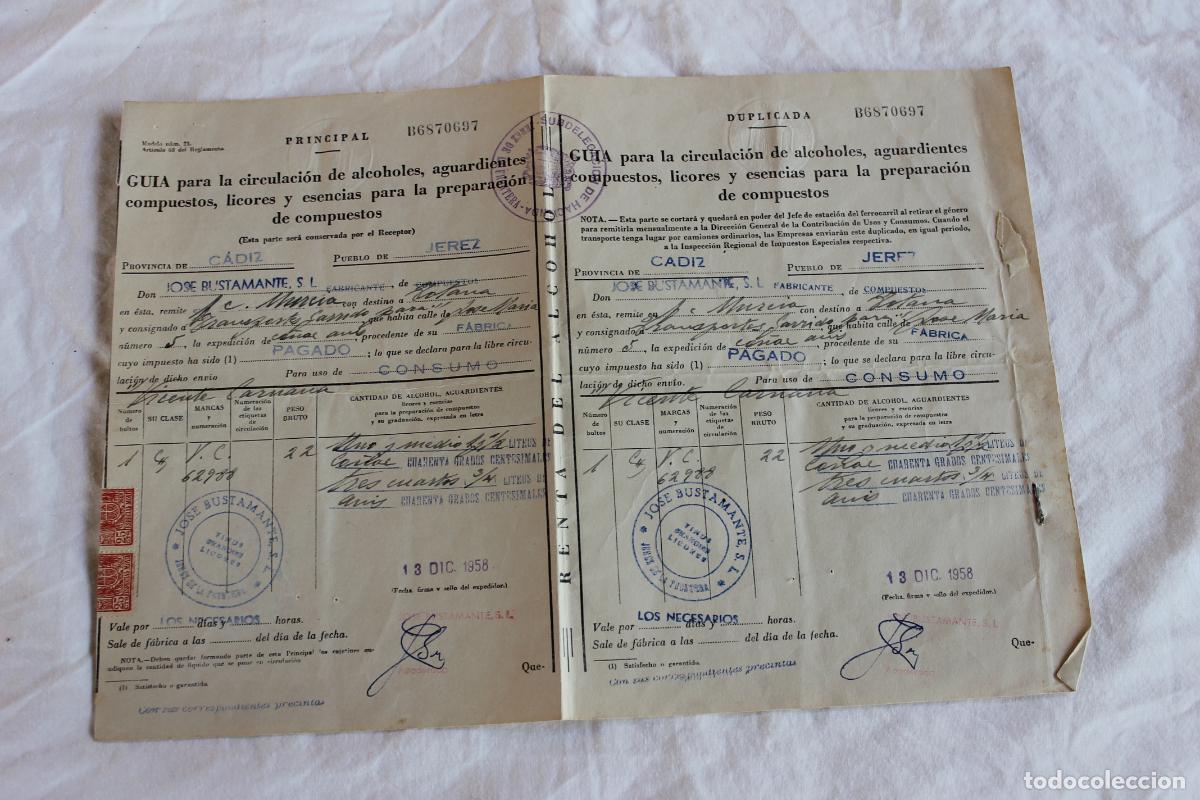 Documentos antiguos: GUIA PARA CIRCULACION ALCOHOLES AGUARDIENTES JEREZ A TOTANA 1958