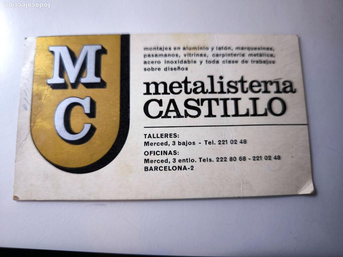 Documentos antiguos: Antigua tarjeta de Visita o Comercial. Metalister&iacute;a Castillo. Barcelona