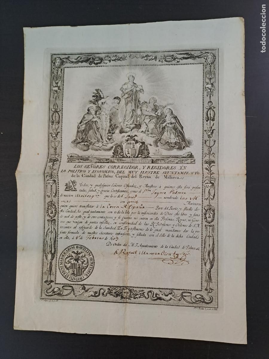 Documentos antiguos: NAVEGACION-REYNO DE MALLORCA-LAUD LIBRE DE PESTE-SALVOCONDUCTO PARA VIAJAR A LA PENINSULA A&Ntilde;O 1809