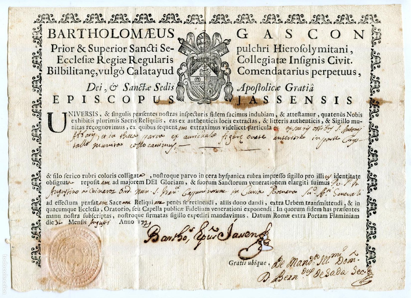Documentos antiguos: Certificado de reliquia de huesos de San Antonio Abad, firma obispo Bartholomaeus Gascon 1729