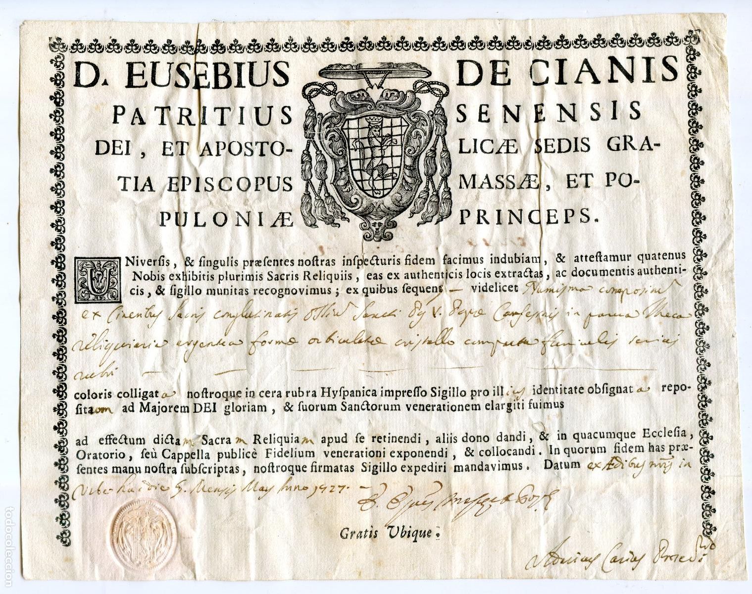 Documentos antiguos: Certificado de reliquia de Agnus Dei de San Pio Quinto firma obispo Eusebius de Cianis 1727