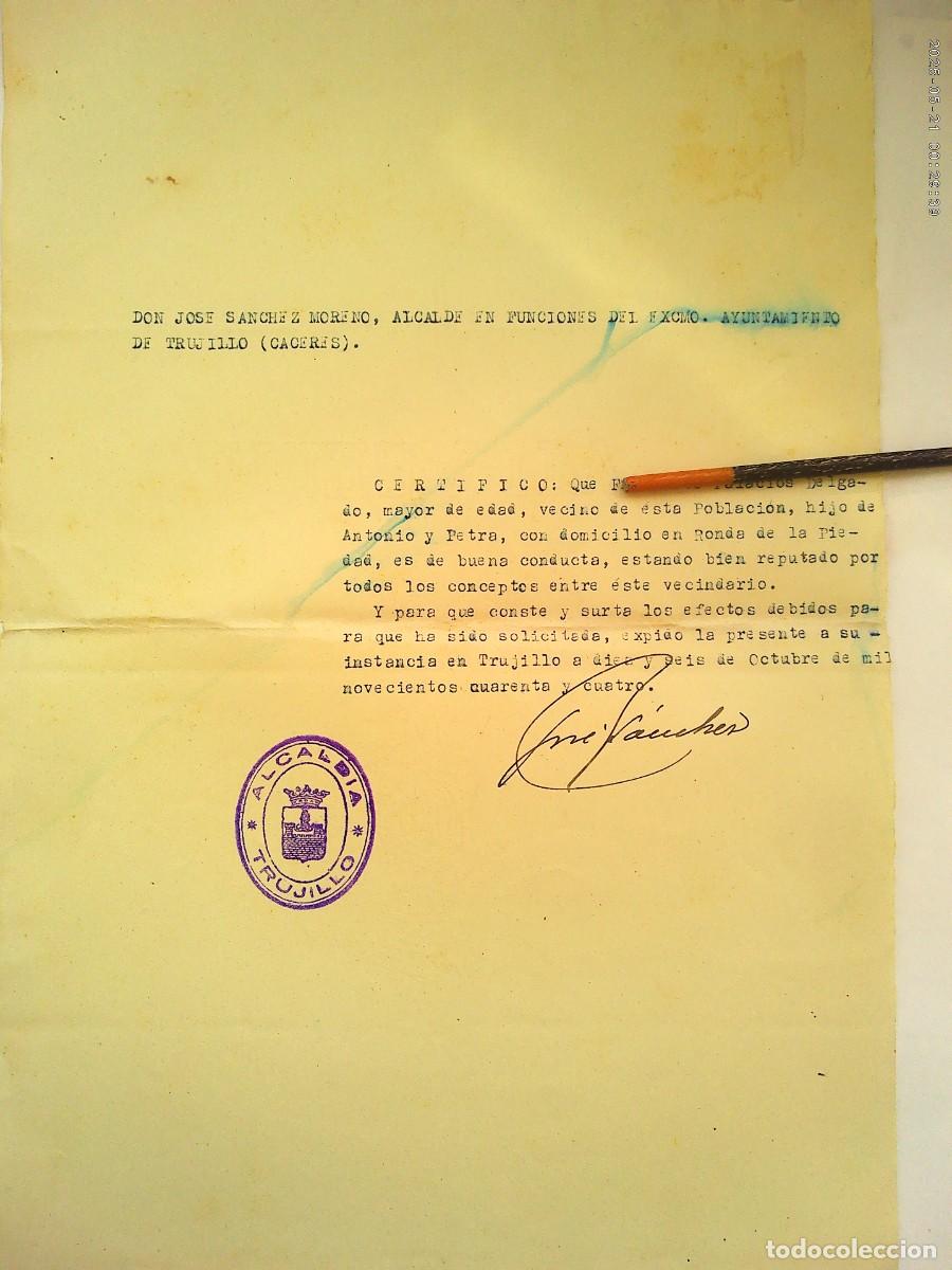 Documentos antiguos: POST GUERRA CIVL : AVAL DEL ALCALDE DE TRUJILLO ( CACERES ) DE SE&Ntilde;OR . TRUJILLO , 1944