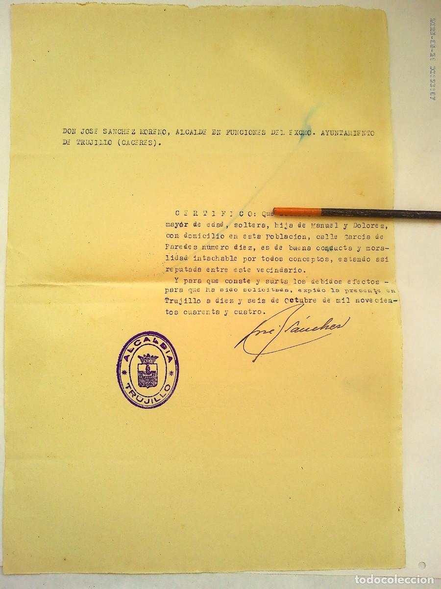 Documentos antiguos: POST GUERRA - ALCALDIA DE TRUJILLO ( CACERES ): AVAL DEL ALCALDE DE JOVEN. TRUJILLO, 1944