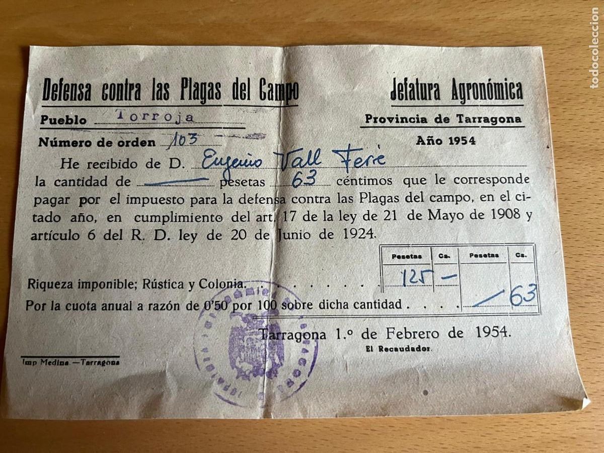 Documentos antiguos: defensa de plagas Torroja Tarragona 1954