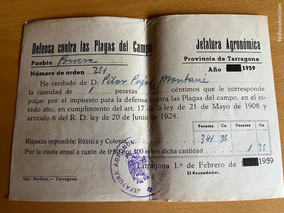 Documentos antiguos: defensa contra las plagas Porrera Tarragona 1959