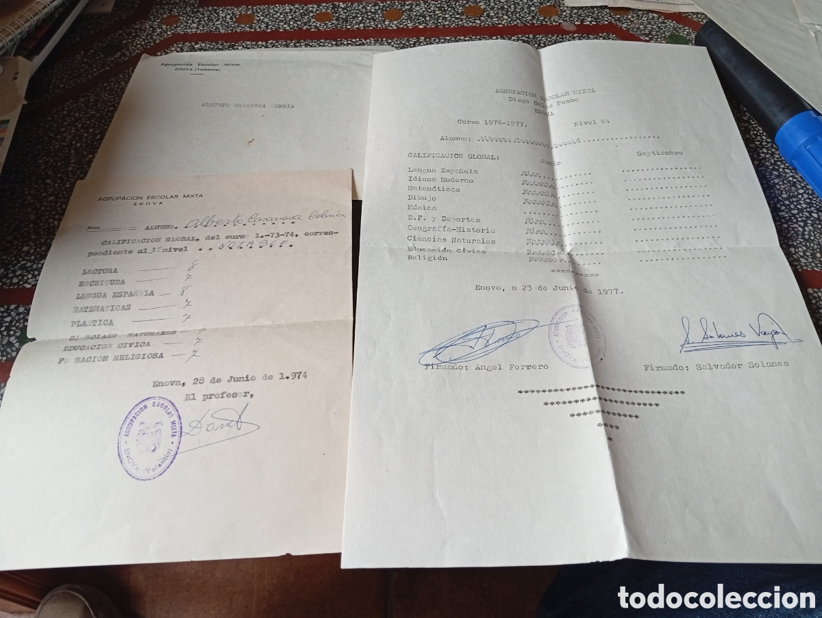 Documentos antiguos: Sobre con calificaci&oacute;n global, alumno Alberto Casanova Cebria, ENOVA