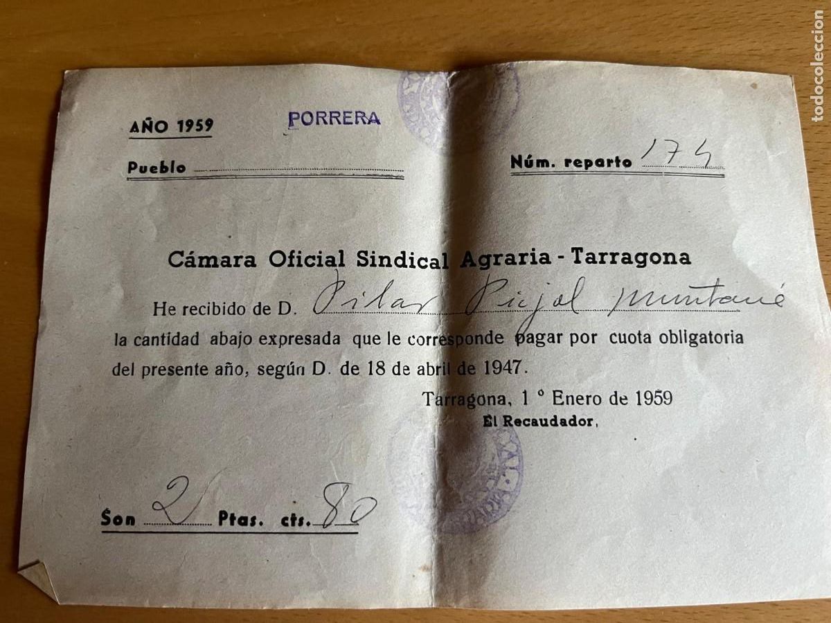 Documentos antiguos: C&aacute;mara sindical Tarragona Porrera 1959