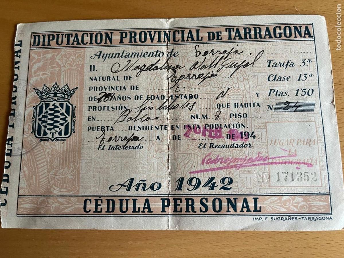 Documentos antiguos: cedula personal 1942 Tarragona Torroja